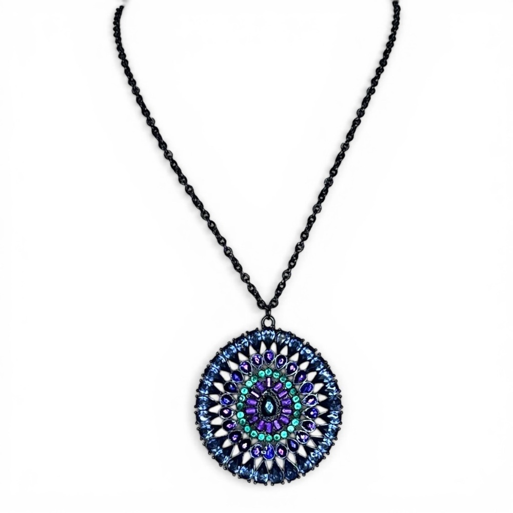 Vintage Multicolor Peacock Crystal Medallion Pendant Necklace Boho Statement